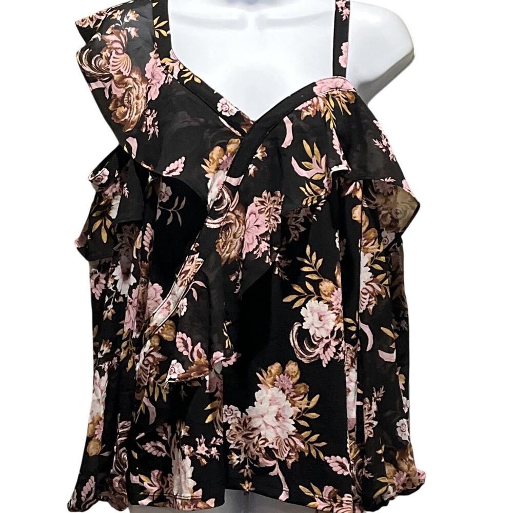 INC Black Floral Ruffle Blouse – Sleeveless Layered Feminine Top – Women’s M